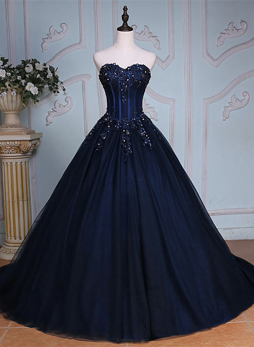 Formal Dresses For Sale, Navy Blue Lace Applique Tulle Long Party Dress, Blue Formal Gown