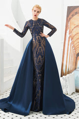 Prom Dress Unique, Long Sleeves Mermaid Detachable Train Prom Dresses with Train Sequined