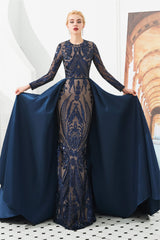 Prom Dresses Unique, Long Sleeves Mermaid Detachable Train Prom Dresses with Train Sequined