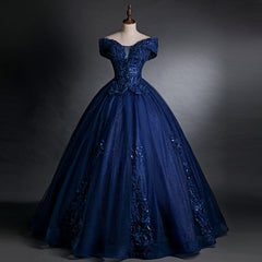 Evening Dress Shops Near Me, Navy Blue Off Shoulder Ball Gown Tulle with Lace Sweet 16 Gown, Quinceanera Dresses