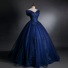 Evening Dresses Wedding, Navy Blue Off Shoulder Ball Gown Tulle with Lace Sweet 16 Gown, Quinceanera Dresses