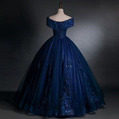 Evening Dress Wedding, Navy Blue Off Shoulder Ball Gown Tulle with Lace Sweet 16 Gown, Quinceanera Dresses