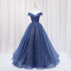 Evening Dresses Elegant, Navy Blue Off Shoulder Shiny Tulle Floor Length Prom Dress, Blue Prom Dress