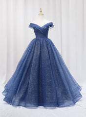 Evening Dresses Short, Navy Blue Off Shoulder Shiny Tulle Floor Length Prom Dress, Blue Prom Dress