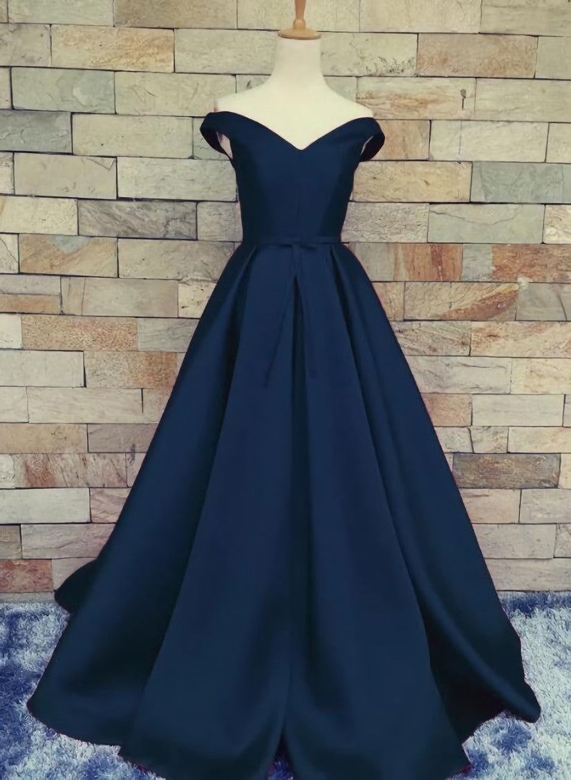 Evening Dress Petite, Navy Blue Satin Sweetheart A-line Handmade Formal Dress, Blue Long Prom Dress