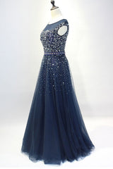 Beach Dress, Navy Blue Shiny Sequins Round Neckline Tulle Party Dress, A-line Tulle Blue Evening Dress Prom Dress