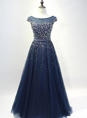 Grad Dress, Navy Blue Shiny Sequins Round Neckline Tulle Party Dress, A-line Tulle Blue Evening Dress Prom Dress