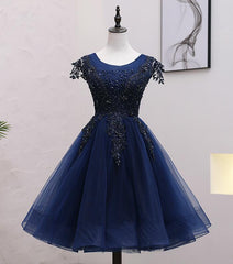 Bridesmaids Dress Modest, Navy Blue Tulle Beaded Knee Length Cap Sleeves Prom Dress, Blue Homecoming Dress