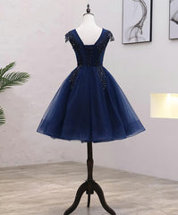 Bridesmaid Dress Modest, Navy Blue Tulle Beaded Knee Length Cap Sleeves Prom Dress, Blue Homecoming Dress