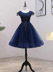 Dream Wedding, Navy Blue Tulle Beaded Knee Length Cap Sleeves Prom Dress, Blue Homecoming Dress