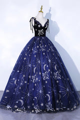 Prom Dress Off The Shoulder, Navy Blue Tulle Long Prom Dress, Spaghetti Straps Lace Flower Backless Formal Dress