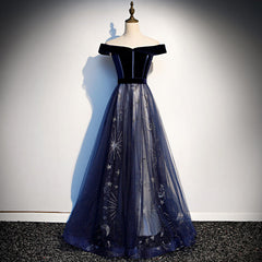 Prom Dress Types, Navy Blue Tulle Off Shoulder Velvet Top Long Party Dress, Blue Evening Dress Prom Dress