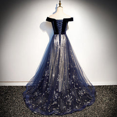 Prom Dress Type, Navy Blue Tulle Off Shoulder Velvet Top Long Party Dress, Blue Evening Dress Prom Dress