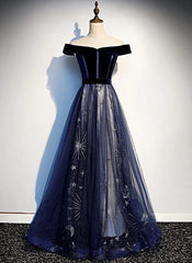 Prom Dress Classy, Navy Blue Tulle Off Shoulder Velvet Top Long Party Dress, Blue Evening Dress Prom Dress