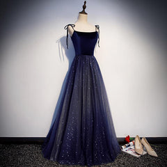 Party Dresses 2030, Navy Blue Tulle Straps Long Velvet Party Dress, Blue Prom Dress