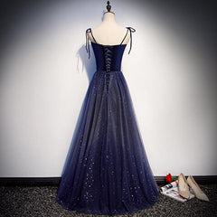 Party Dress Cheap, Navy Blue Tulle Straps Long Velvet Party Dress, Blue Prom Dress