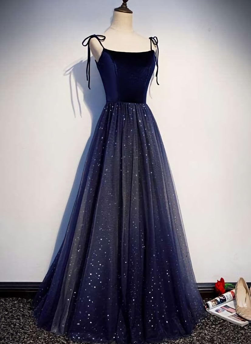 Party Dresses In Store, Navy Blue Tulle Straps Long Velvet Party Dress, Blue Prom Dress