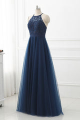 Bow Dress, Navy Blue Tulle with Lace Applique Long Party Dress, Blue Prom Dress