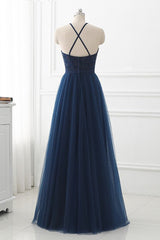 Semi Formal, Navy Blue Tulle with Lace Applique Long Party Dress, Blue Prom Dress