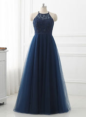 Flowy Dress, Navy Blue Tulle with Lace Applique Long Party Dress, Blue Prom Dress