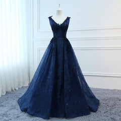 Bridesmaid Dresses Hunter Green, Navy Blue V-neckline Lace Long Party Dress with Flowers, Blue V-neckline Prom Dress