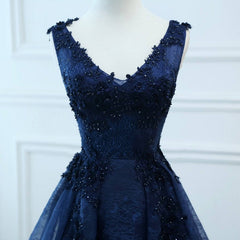 Bridesmaid Dresses Mismatched Neutral, Navy Blue V-neckline Lace Long Party Dress with Flowers, Blue V-neckline Prom Dress