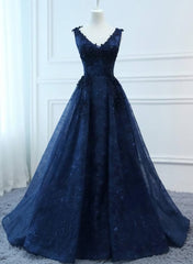 Bridesmaids Dress Black, Navy Blue V-neckline Lace Long Party Dress with Flowers, Blue V-neckline Prom Dress