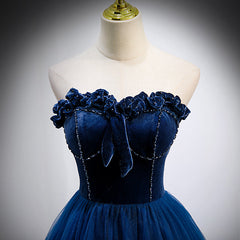 Formal Dress For Winter, Navy Blue Velvet Top and Tulle Long Formal Dress, Blue Sweetheart Prom Dress