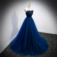 Formal Dresses For Winter, Navy Blue Velvet Top and Tulle Long Formal Dress, Blue Sweetheart Prom Dress