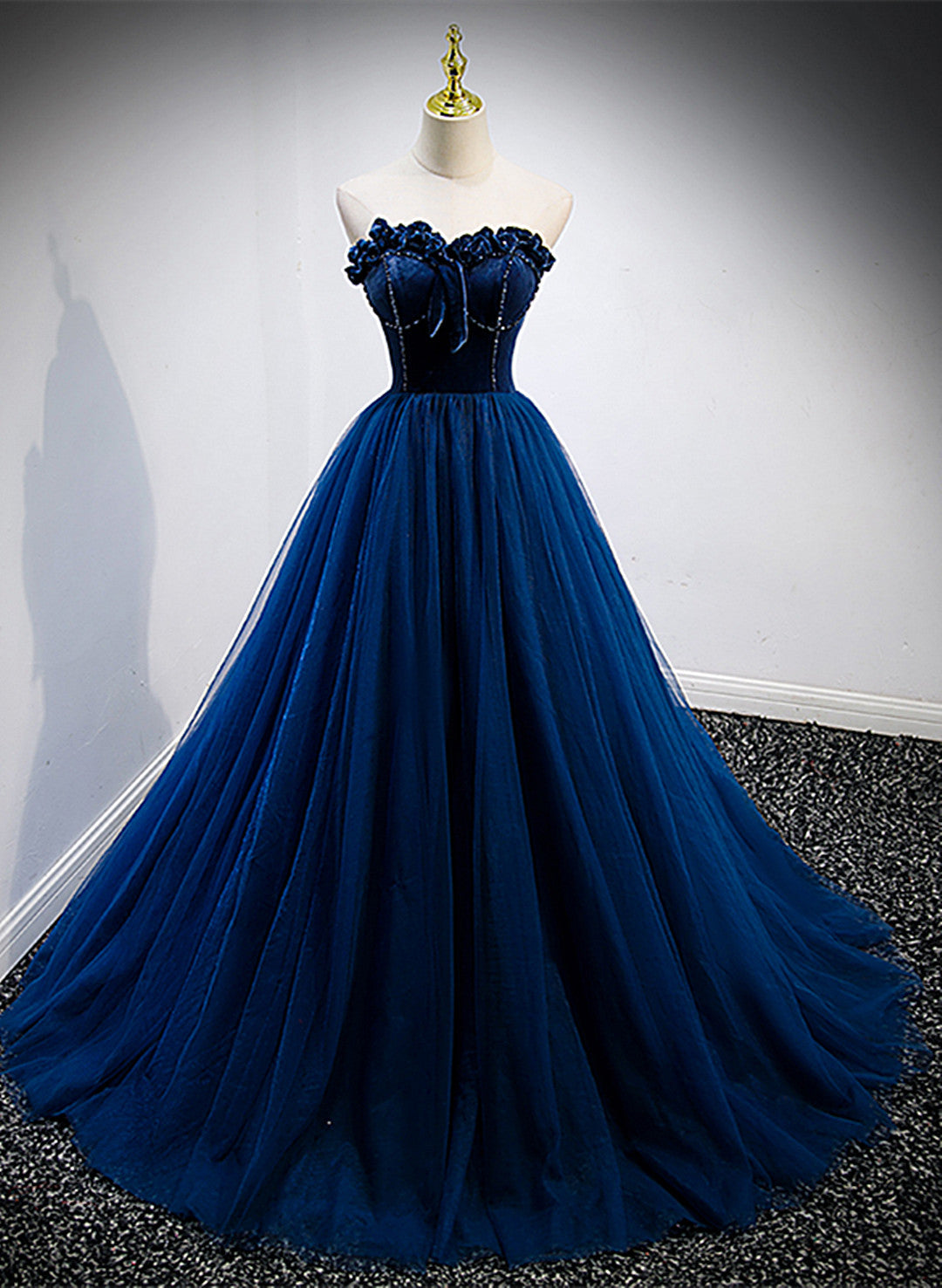 Formal Dress Winter, Navy Blue Velvet Top and Tulle Long Formal Dress, Blue Sweetheart Prom Dress