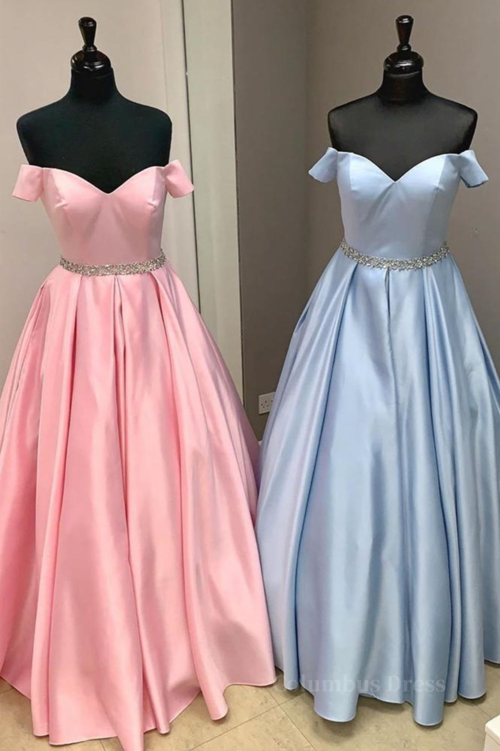 Formal Dresses For Sale, Off Shoulder Blue Long Prom Dresses with Belt, Pink Formal Dresses, Blue Evening Dresses