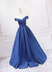 Formal Dress Shop Near Me, Off Shoulder Blue Satin A-line Floor Length Prom Dress, Blue Simple Formal Dress