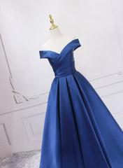 Formal Dress Shops Near Me, Off Shoulder Blue Satin A-line Floor Length Prom Dress, Blue Simple Formal Dress