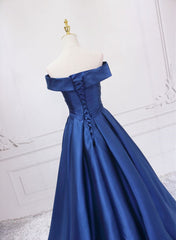 Formal Dresses For Weddings Near Me, Off Shoulder Blue Satin A-line Floor Length Prom Dress, Blue Simple Formal Dress