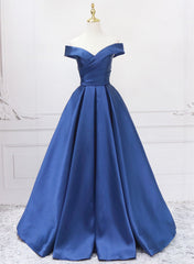 Formal Dresses Near Me, Off Shoulder Blue Satin A-line Floor Length Prom Dress, Blue Simple Formal Dress