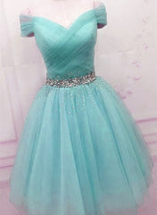 Formal Dress Long, Off Shoulder Blue Tulle Prom Dresses, Cute Blue Homecoming Dresses