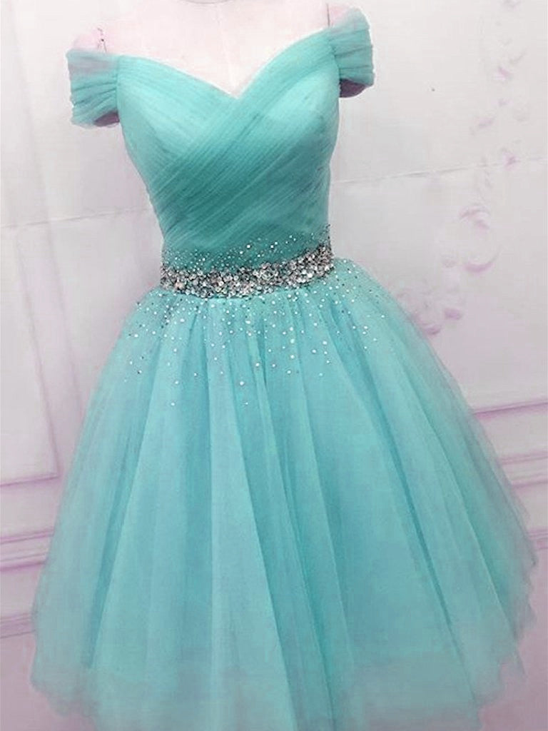 Formals Dresses Long, Off Shoulder Blue Tulle Prom Dresses, Cute Blue Homecoming Dresses