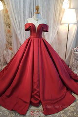 Bridesmaid Dresses Dark, Off Shoulder Burgundy Satin Long Prom Dress, V Neck Burgundy Formal Evening Dress, Burgundy Ball Gown