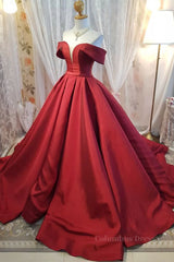 Bridesmaid Dress Dark, Off Shoulder Burgundy Satin Long Prom Dress, V Neck Burgundy Formal Evening Dress, Burgundy Ball Gown