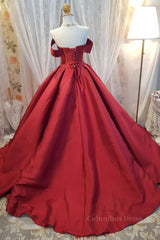 Bridesmaids Dresses Neutral, Off Shoulder Burgundy Satin Long Prom Dress, V Neck Burgundy Formal Evening Dress, Burgundy Ball Gown