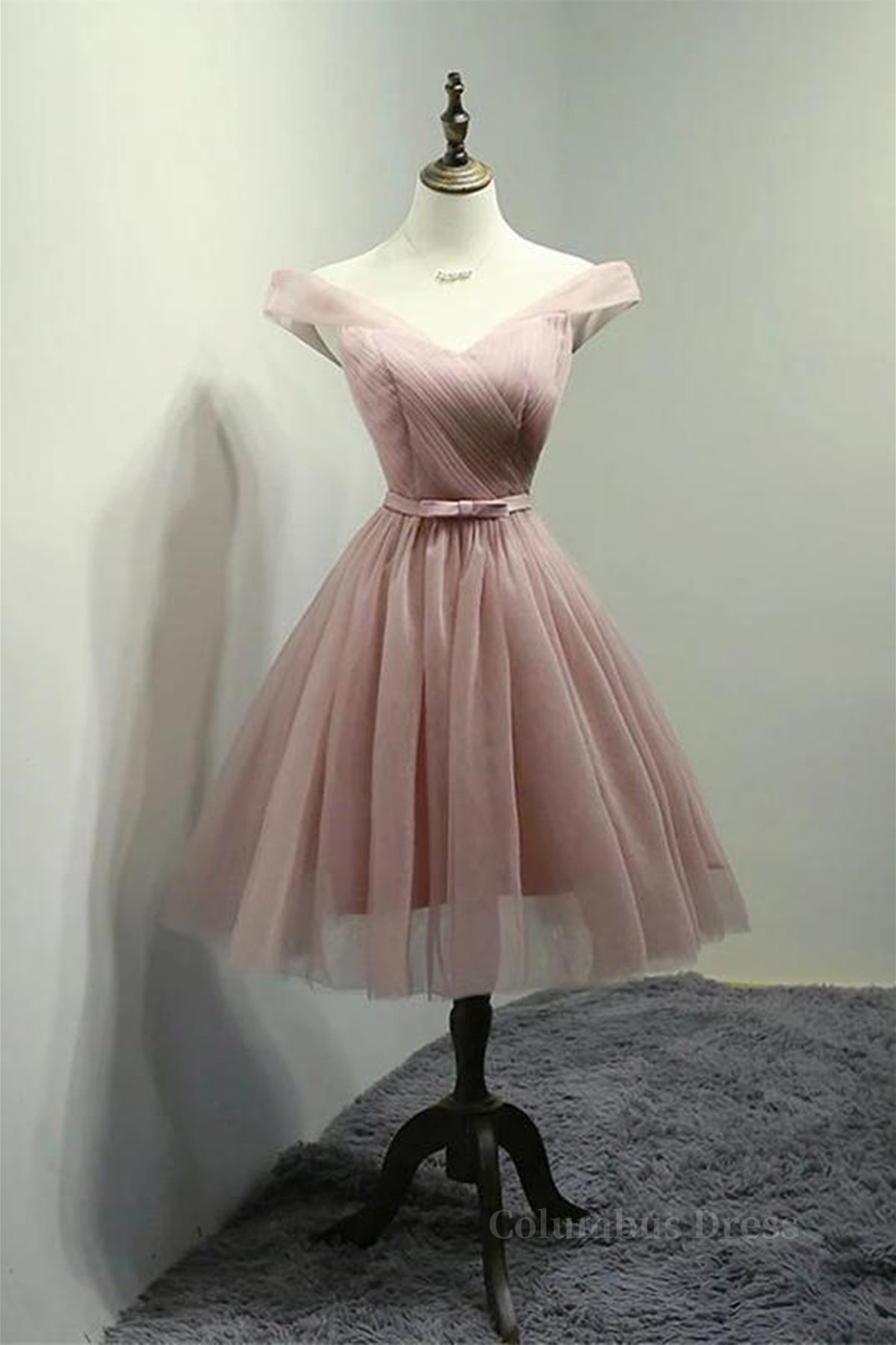 Bridesmaid Dress Long Sleeves, Off Shoulder Dusty Pink Tulle Short Prom Homecoming Dress, Short Pink Formal Graduation Evening Dress