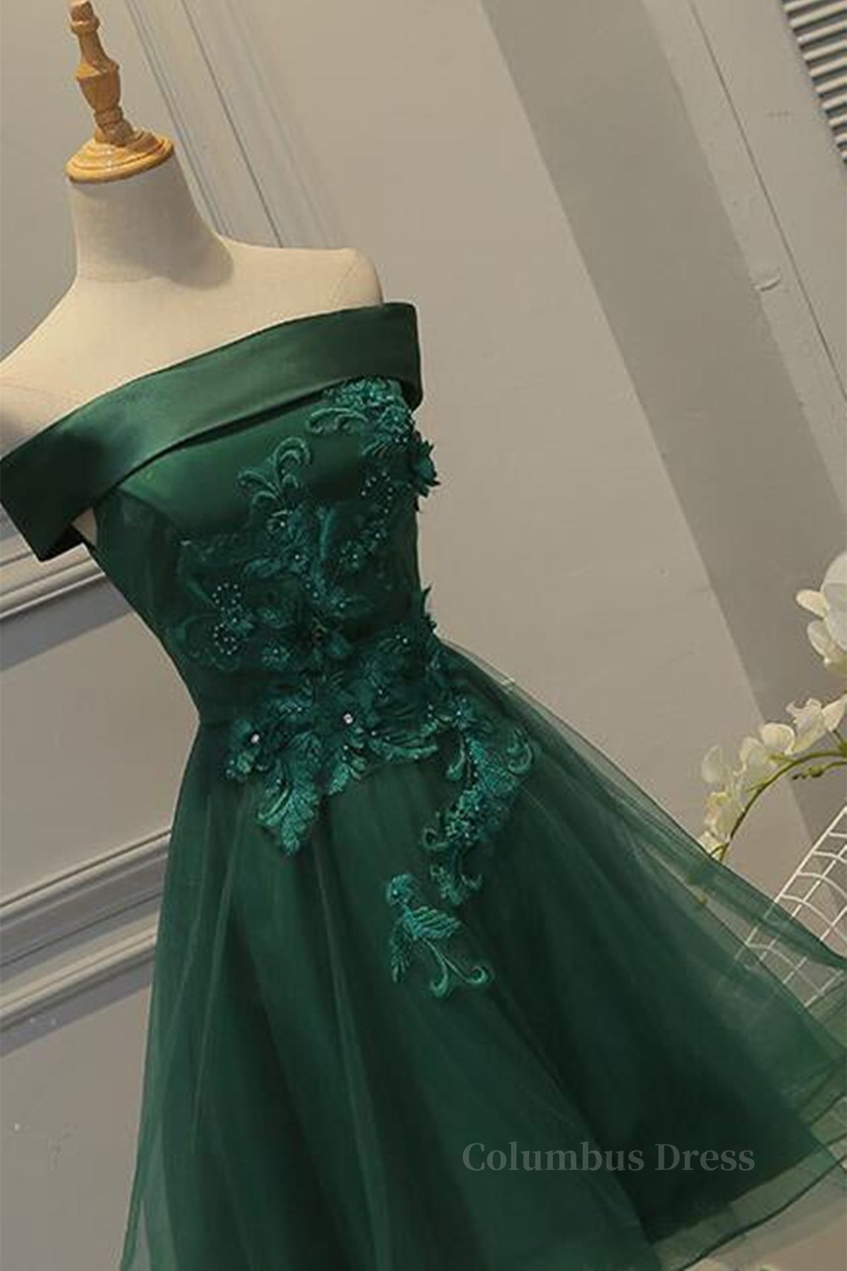 Bridesmaids Dresses Vintage, Off Shoulder Green Lace Floral Prom Dress, Short Green Lace Homecoming Dress, Green Formal Evening Dress