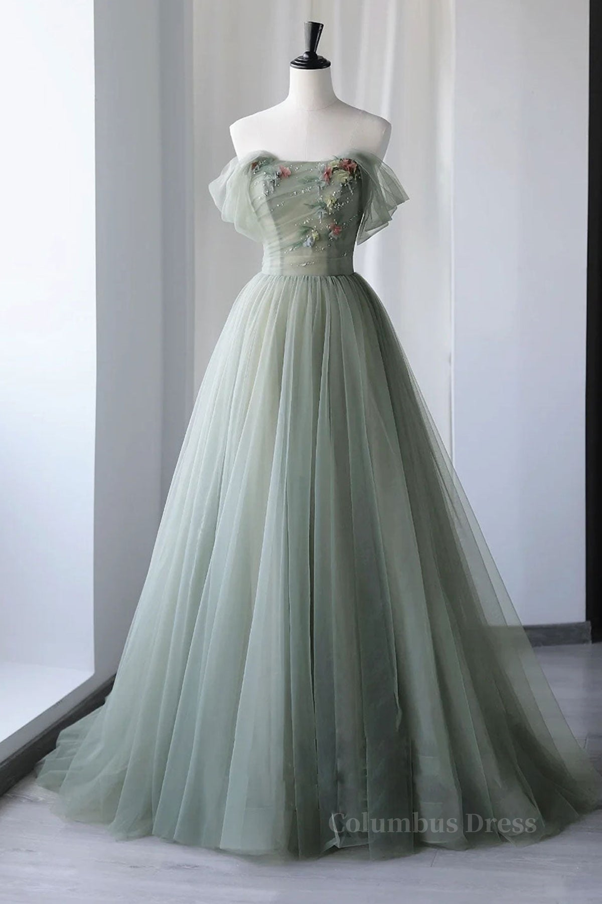Bridesmaid Dresses Long Sleeves, Off Shoulder Green Tulle Floral Long Prom Dresses, Off the Shoulder Green Formal Evening Dresses with 3D Flowers