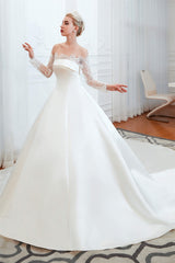 Wedding Dress With Strap, Off-Shoulder Lace Satin Wedding Dresses with Sleeves