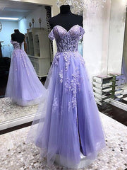 Party Dresses Design, Off Shoulder Lavender Lace Long Prom Dresses, Lilac Lace Formal Dresses, Purple Evening Dresses