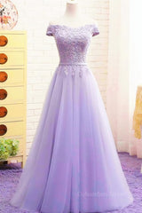 Party Dress Glitter, Off Shoulder Light Purple Lace Long Prom Dress, Off the Shoulder Lilac Lace Formal Dress, Purple Evening Dress