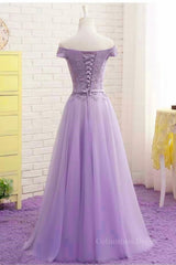 Party Dress Open Back, Off Shoulder Light Purple Lace Long Prom Dress, Off the Shoulder Lilac Lace Formal Dress, Purple Evening Dress