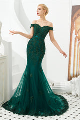 Prom Dress For Girl, Off Shoulder Mermaid Dark Green Formal Evening Dresses with Lace