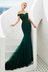 Prom Dresses For Girls, Off Shoulder Mermaid Dark Green Formal Evening Dresses with Lace