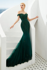 Prom Dresses For Girl, Off Shoulder Mermaid Dark Green Formal Evening Dresses with Lace